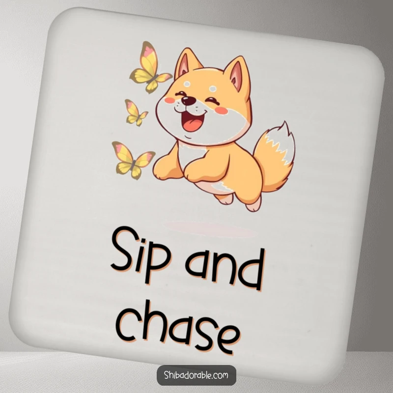 Funny Shiba Inu coaster featuring a happy dog leaping excitedly after a shimmering butterfly, adding playful charm to your table.