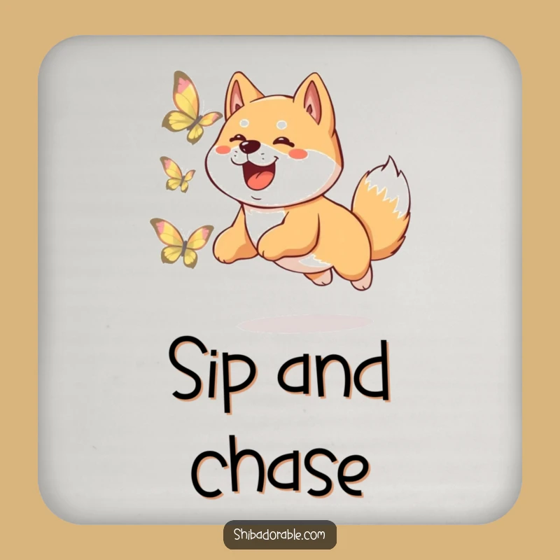 Funny Shiba Inu Coaster: Protect Surfaces with a Pup's Butterfly Chase, Housewarming Gift