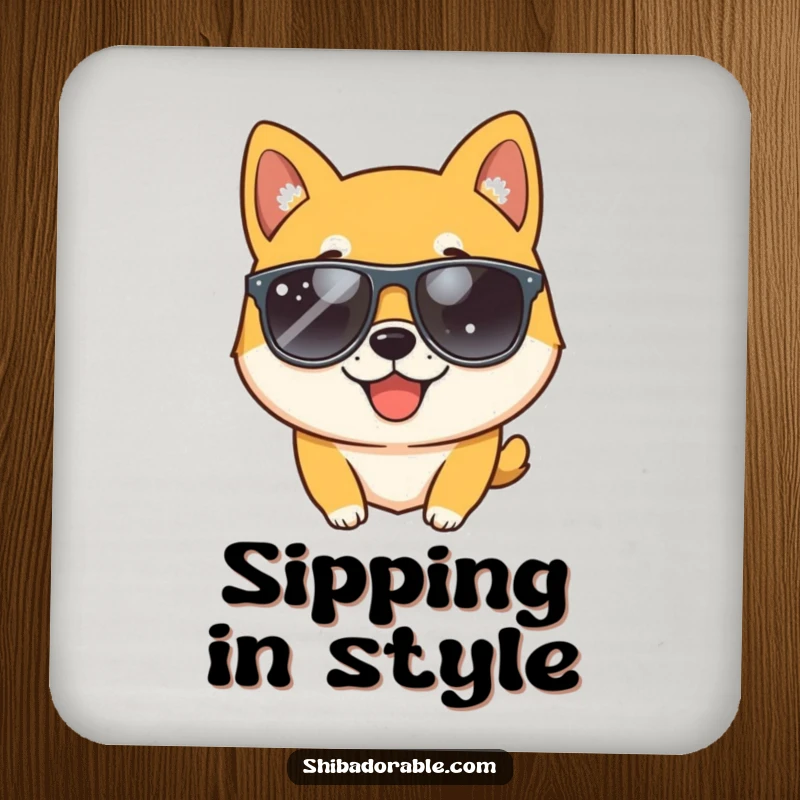 Funny Shiba Inu dog wearing sunglasses and winking, designed on a durable drink coaster for stylish and humorous table protection.