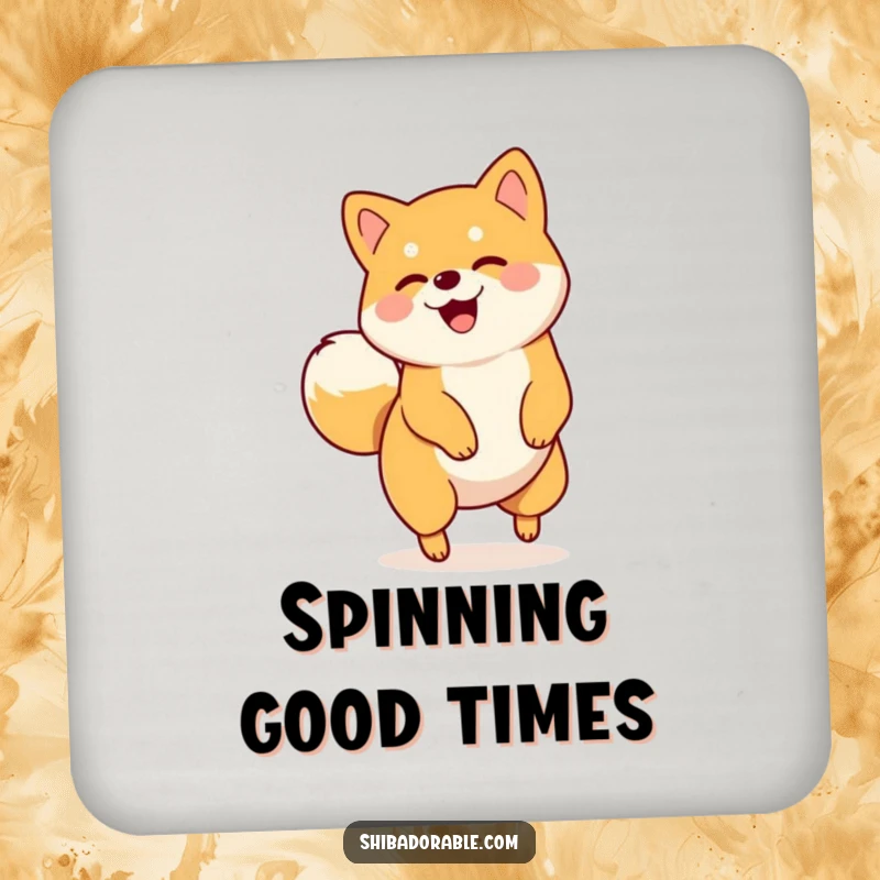 Funny drink coaster featuring a Shiba Inu spinning in a circle with its tail wagging, adding a fun touch.