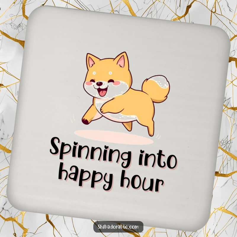 Funny Shiba Inu dog spinning in a circle, playfully chasing its tail, displayed on a functional and decorative drink coaster.
