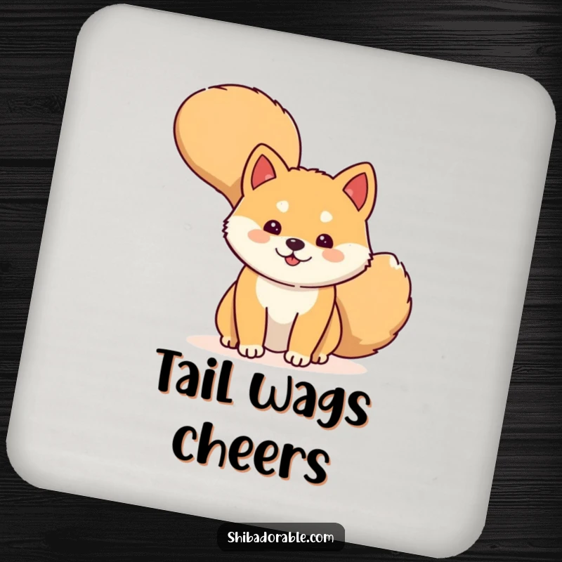 Funny Drink Coaster featuring a shy Shiba Inu dog peeking from behind its wagging tail, protecting surfaces with humor.