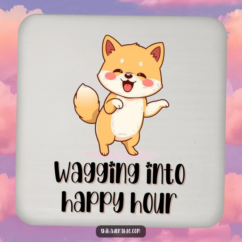 Funny coasters featuring a Shiba Inu doing a little jig with its tail wagging furiously, bringing a smile to any surface.