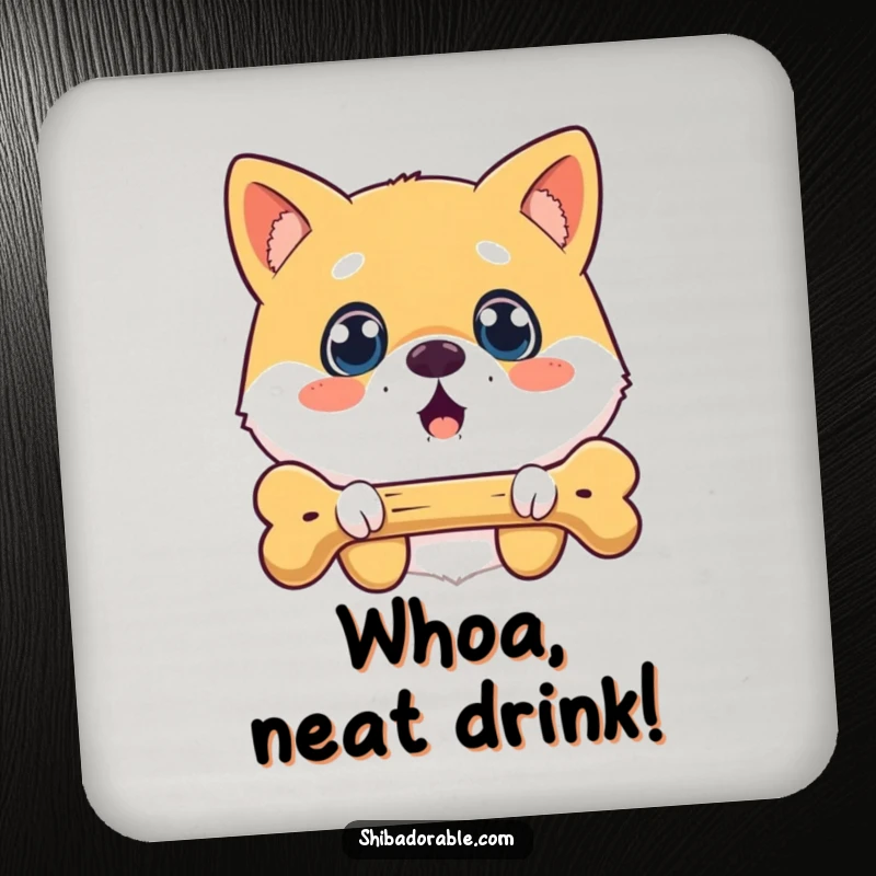 Funny surprised Shiba Inu drink coaster with a wide-eyed dog looking at a floating bone, protecting surfaces with humor.