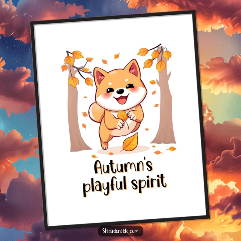 Funny poster showcasing a Shiba Inu in mid-pounce on a falling autumn leaf, capturing the dynamism of fall.