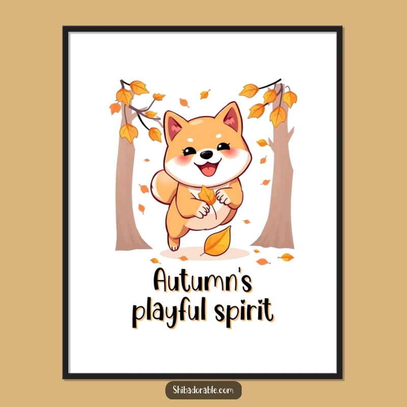 Funny Shiba Inu Poster: Autumn Leaf Pounce Art, Seasonal Funny Gift Decor