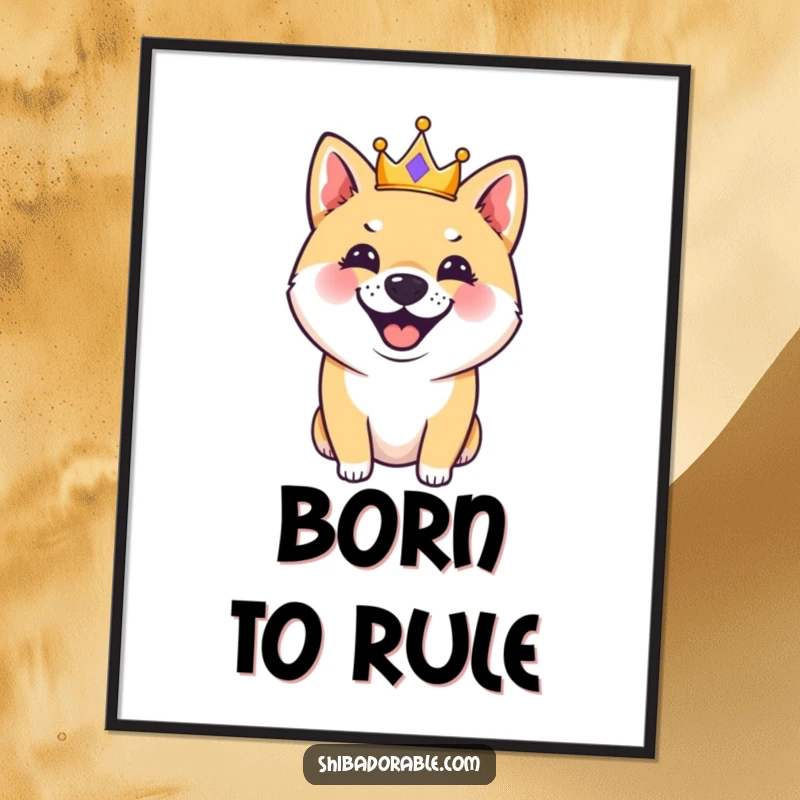 Funny, regal Shiba Inu dog wearing a tiny crown, captured mid-bark, as a charming poster for wall art, full of canine mirth.