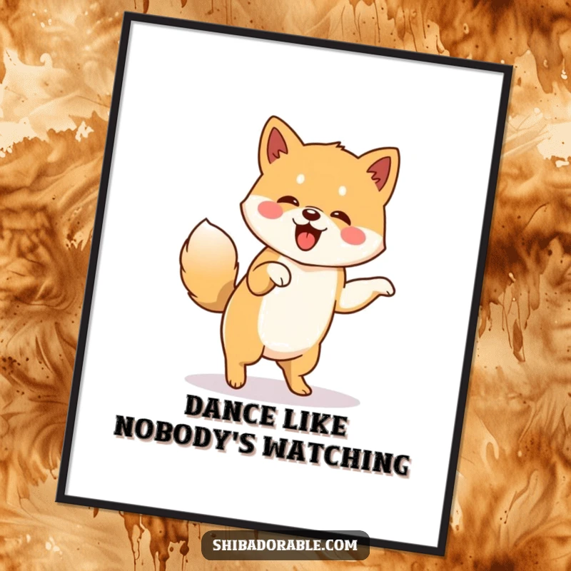 Funny poster showcasing a Shiba Inu performing a lively jig with its tail wagging furiously, capturing pure canine happiness.