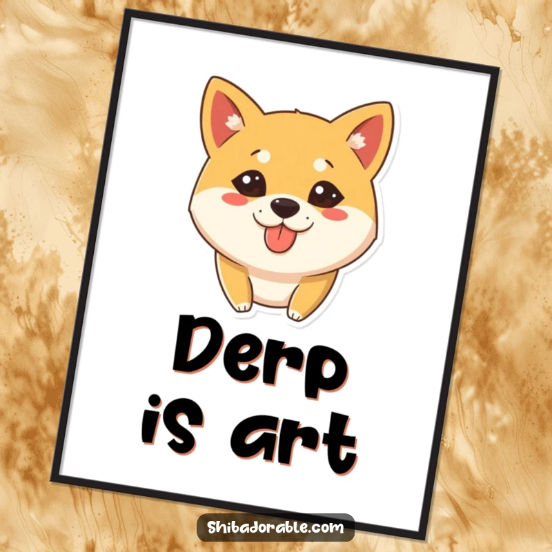 Funny Poster depicting a Shiba Inu dog with a silly expression, slightly sticking its tongue out, creating whimsical decor.