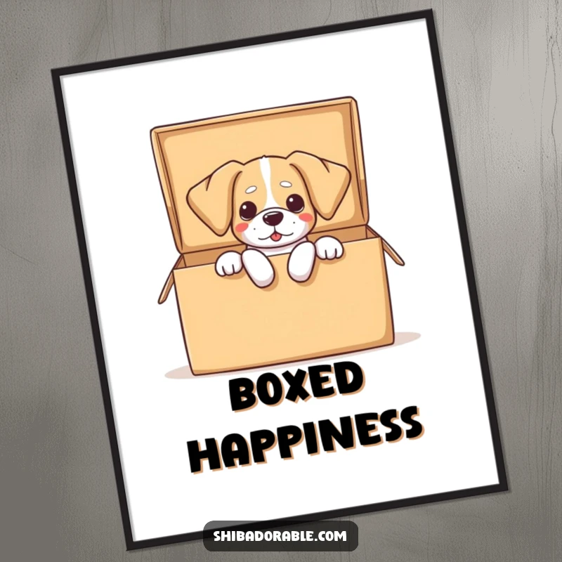 Funny dog poster illustrating a dog with floppy ears bursting out of a large open box, capturing a moment of pure, joyful escape.