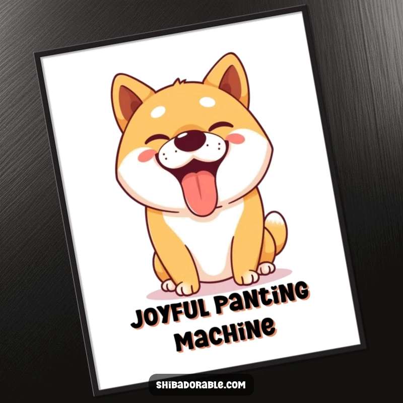 Funny Shiba Inu poster depicting a happy dog panting with a big, goofy grin, ideal humorous wall art.