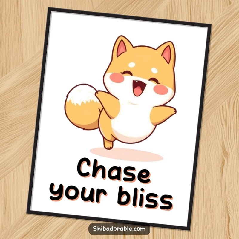 Funny happy Shiba Inu poster showing a dog playfully chasing its tail in a circle, adding energetic humor to decor.