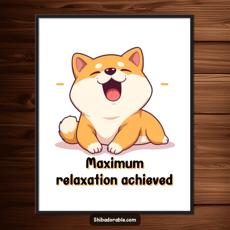 Funny poster art of a yawning Shiba Inu stretching lazily in a warm sunbeam, evoking feelings of peace and relaxation.