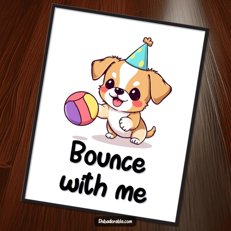 Funny dog poster showing a small dog in a party hat playfully bouncing a bright ball, full of celebratory zest and happiness.