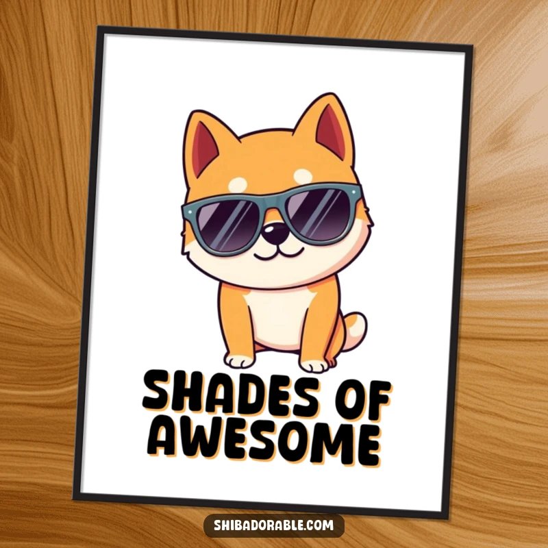 Funny Shiba Inu dog wearing oversized sunglasses, striking a cool pose. A trendy poster.