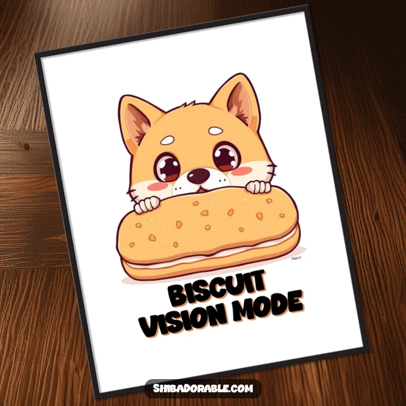 Funny Shiba Inu dog with wide surprised eyes peeking over a giant biscuit, a humorous and charming wall art.