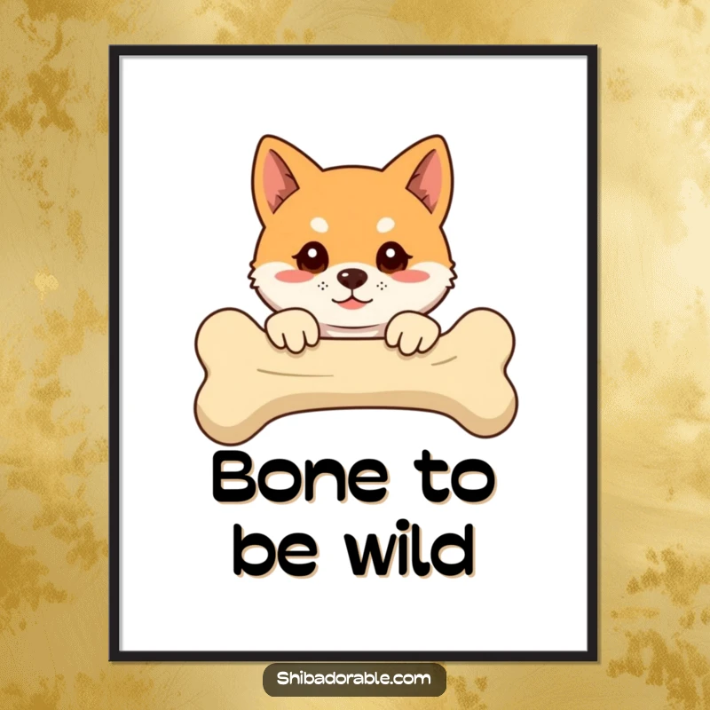 Funny Shiba Inu poster depicting a floppy-eared dog peeking over a giant bone, adding humor and cuteness to decor.