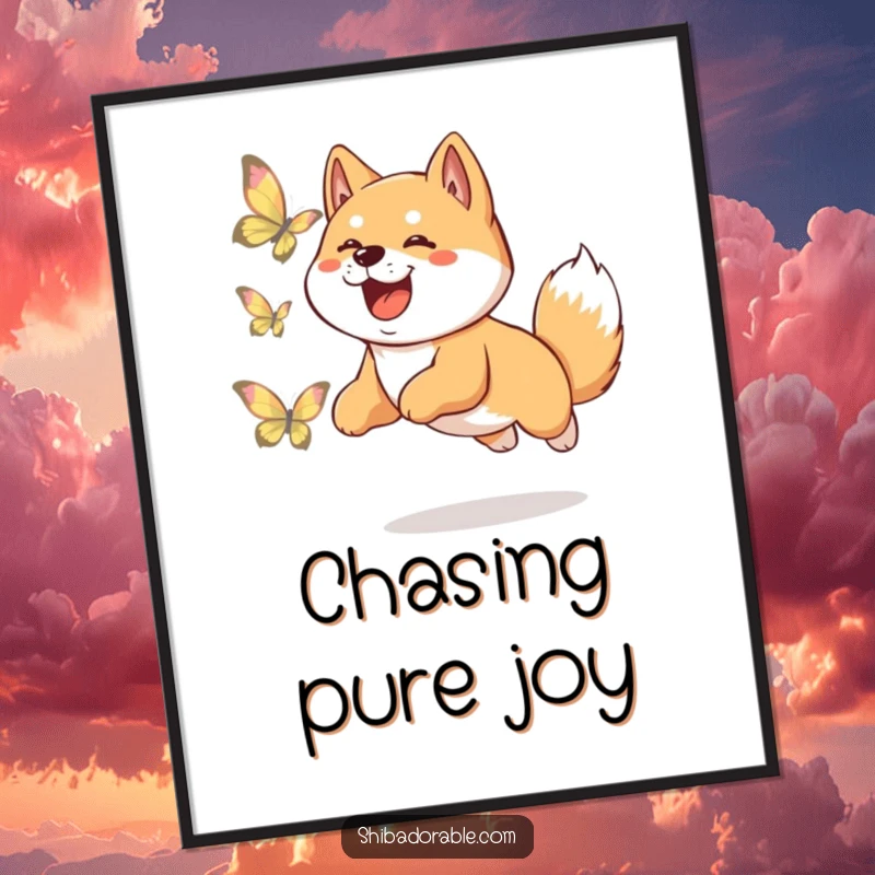 Funny Shiba Inu poster showing a happy dog leaping mid-air, chasing a shimmering butterfly with boundless enthusiasm and a wide smile.