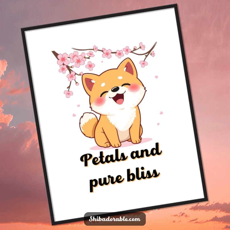 Funny Shiba Inu poster showing a dog energetically trying to catch falling cherry blossoms, adding artistic humor.