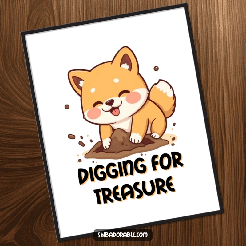 Funny Shiba Inu dog playfully digging a hole with dirt flying comically, a vibrant and humorous wall art.