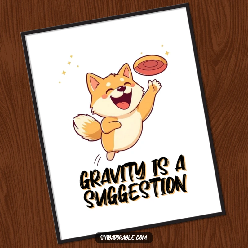 Funny poster art of a determined Shiba Inu leaping high to catch a flying disc, its face lit up with a huge grin.