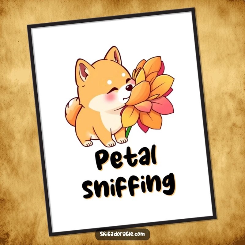 Funny Shiba Inu Poster: A Shiba Inu with alert ears curiously sniffs a huge, colorful flower, showcasing innocent exploration.