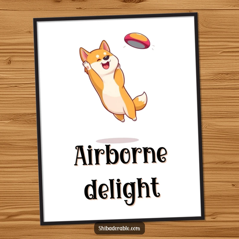 Funny Shiba Inu Poster: Vibrant artwork of a determined dog with perked ears soaring to catch a colorful frisbee mid-air.