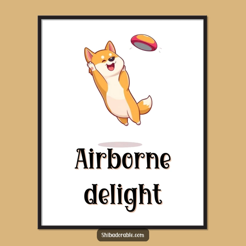 Funny Shiba Inu Frisbee Catcher Poster: Action Dog Art Gift