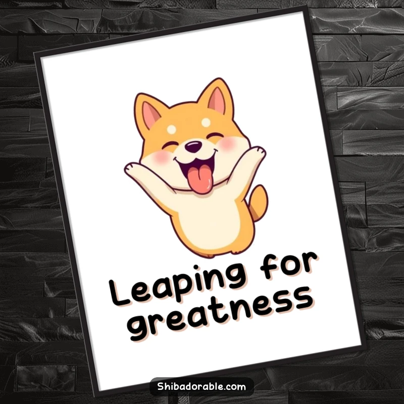 Funny Shiba Inu dog leaping with tongue out, ears flopping joyfully, a vibrant and humorous wall art.