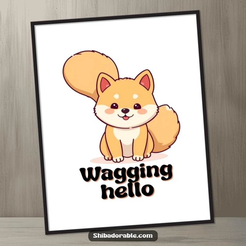 Funny Poster depicting a shy Shiba Inu dog peeking from behind its large wagging tail, creating whimsical wall decor.