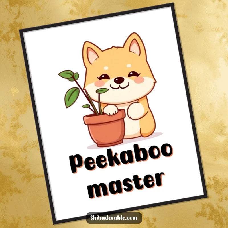 Funny Shiba Inu poster showing a cute dog with a mischievous grin, peeking from behind a vibrant green potted plant, full of playful charm.