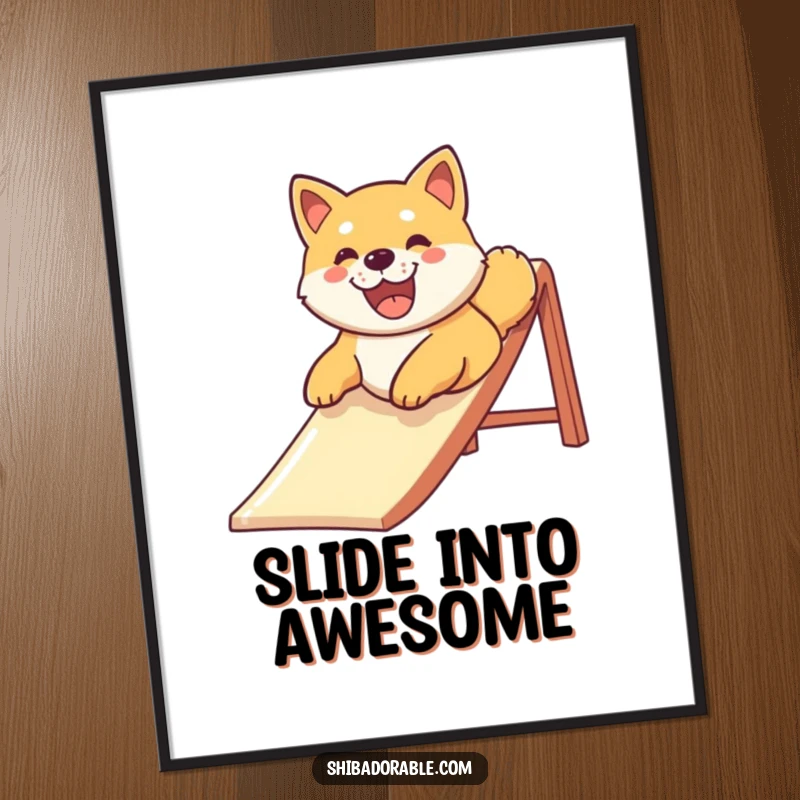 Funny Shiba Inu dog with a big, happy smile sliding down a playground slide, depicted in a lively poster for cheerful room decor.