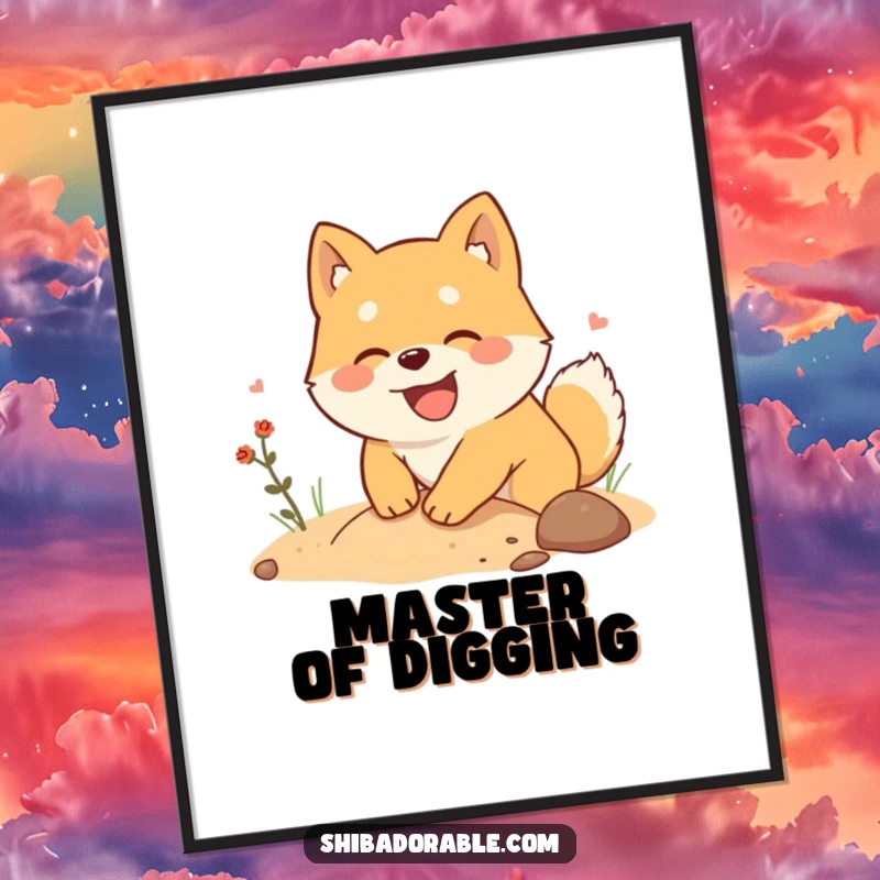 Funny Shiba Inu Poster: A Shiba Inu digs enthusiastically for imaginary treasure, a delightful and humorous illustration.