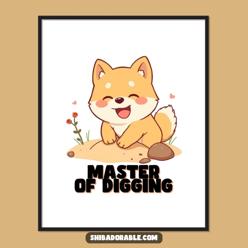 Funny Shiba Inu Poster: Whimsical Wall Art of a Dog Digging for Treasure