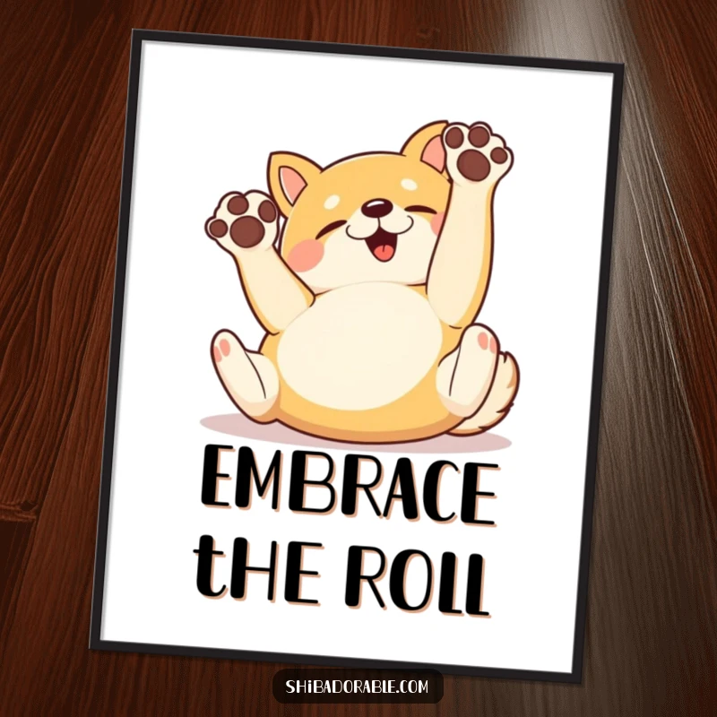 Funny Poster depicting a happy Shiba Inu dog rolling on its back with its paws playfully in the air.
