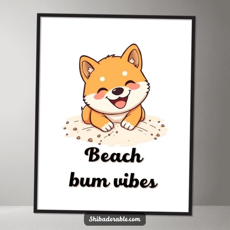 Funny Shiba Inu Poster: Cheerful artwork of a smiling dog digging with great enthusiasm in soft, golden sand.