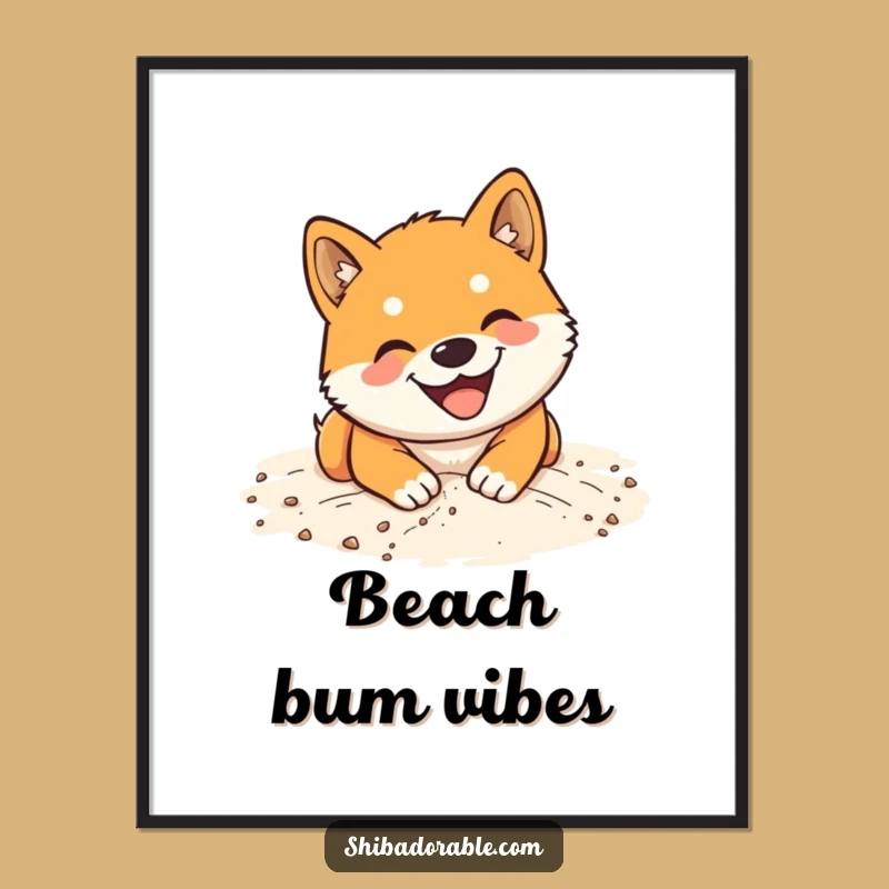 Funny Shiba Inu Sand Digging Poster: Beach Dog Art Gift
