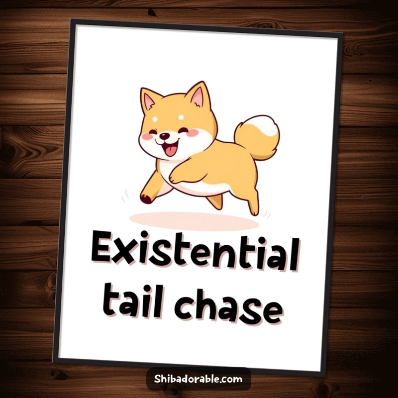 Funny Shiba Inu dog captured mid-spin, playfully chasing its tail, presented as a vibrant poster.