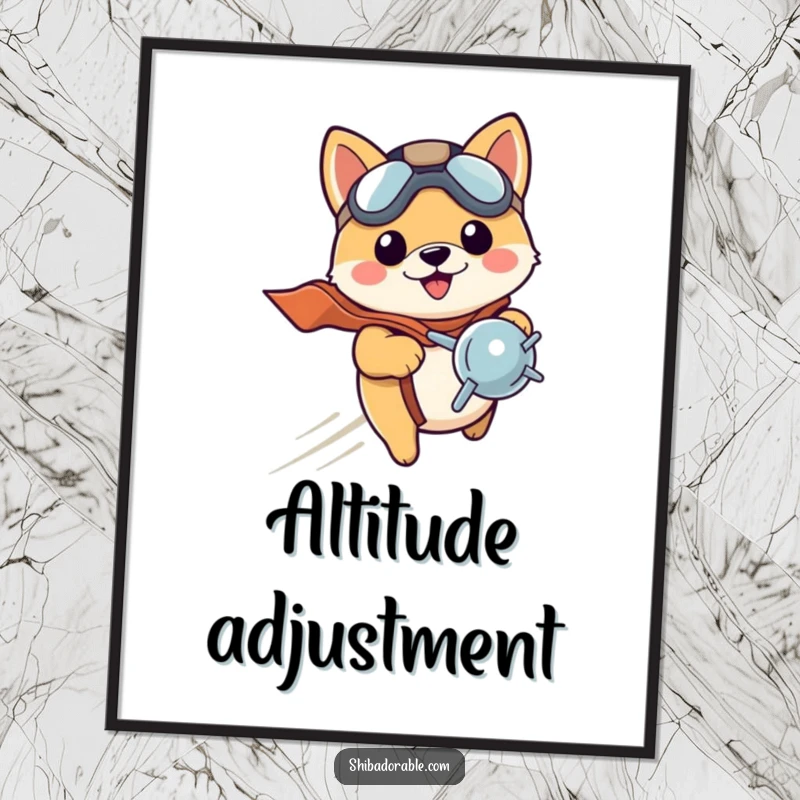 Funny Shiba Inu puppy wearing a pilot hat, zooming with a propeller, bringing joy to any room. A vibrant poster.