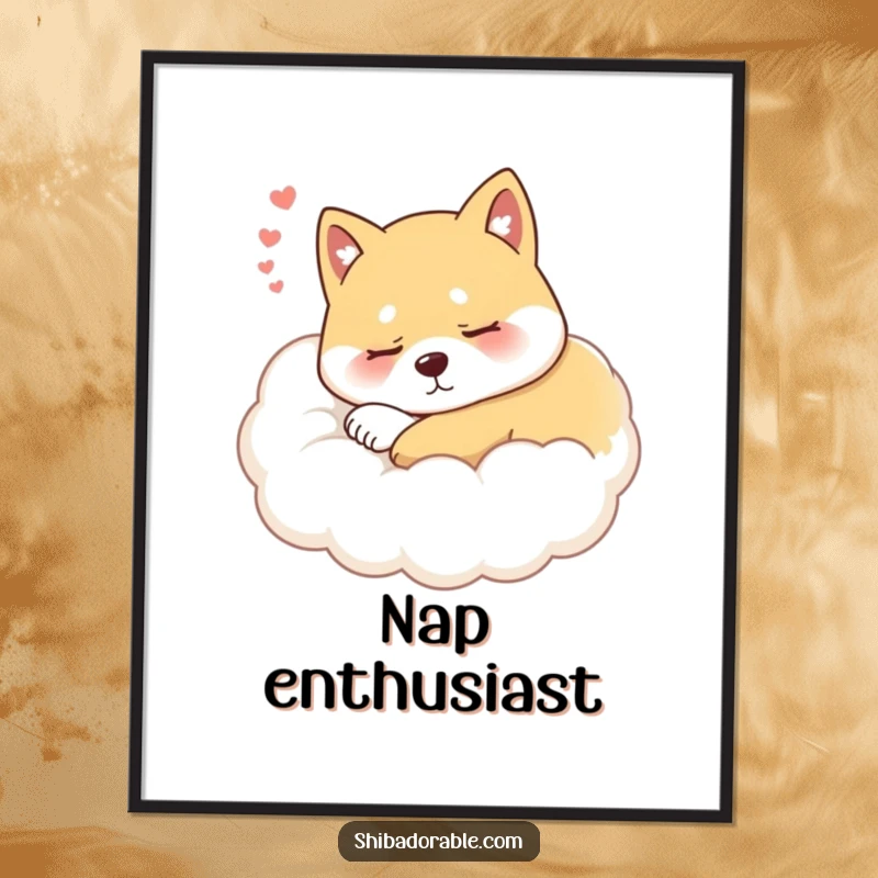 Funny Shiba Inu Cloud Poster capturing a peaceful, sleepy Shiba Inu dog nestled on a soft, ethereal cloud, sighing contentedly.