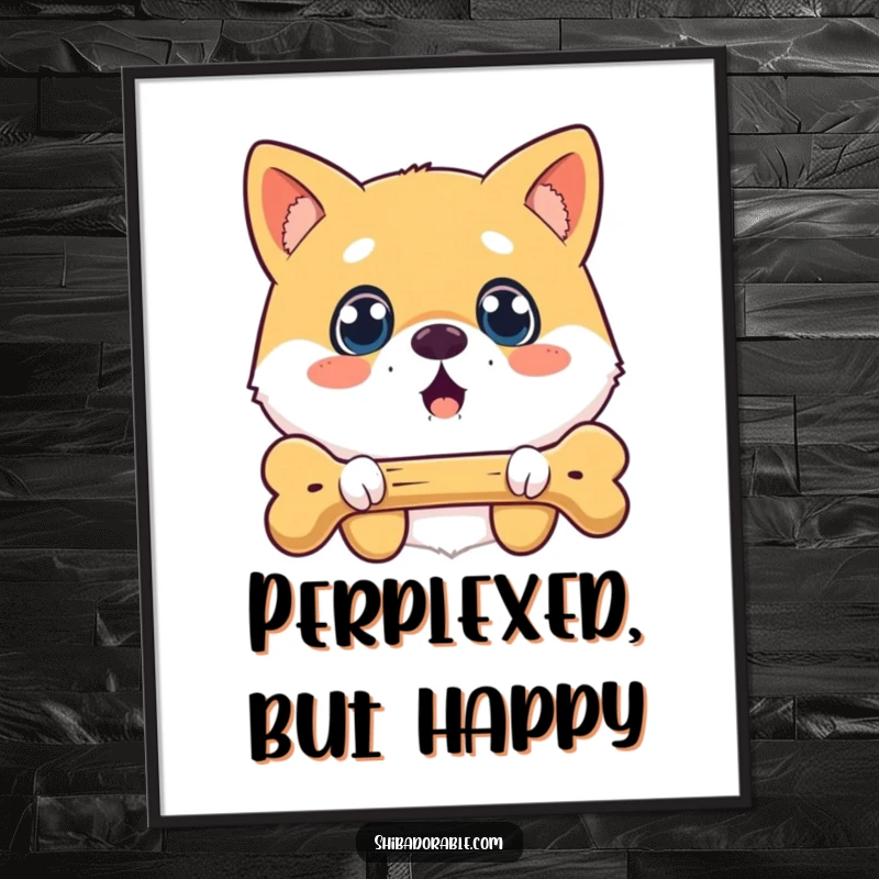 Funny surprised Shiba Inu poster showing a dog with wide eyes fixated on a floating bone, adding humorous wall art.