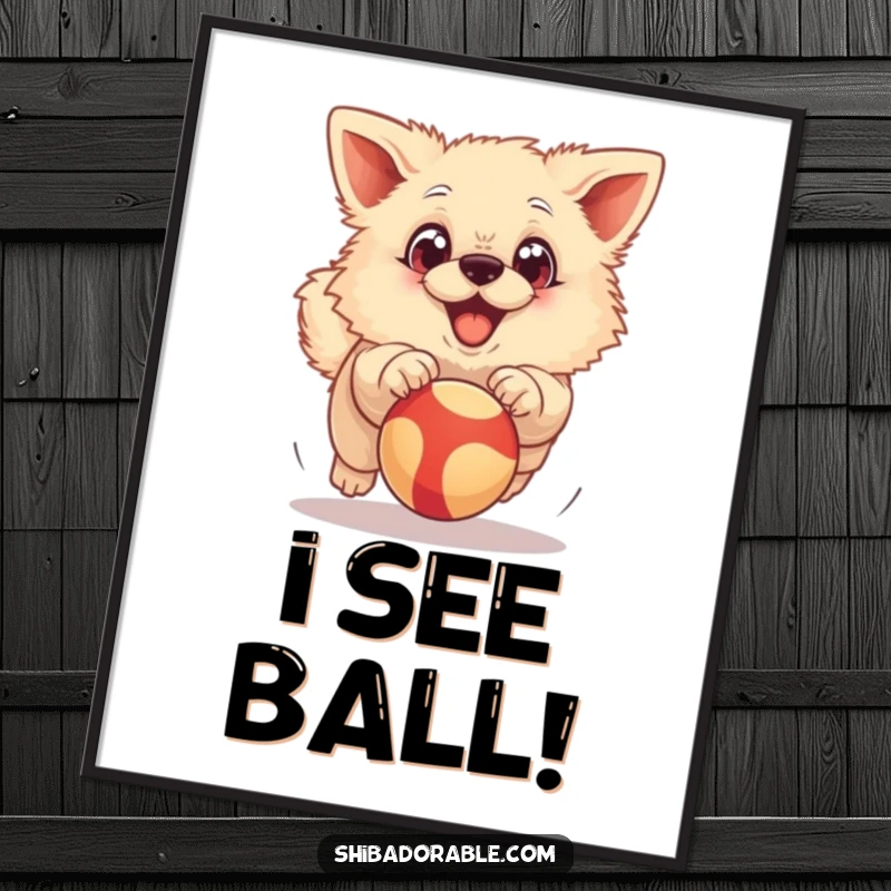 Funny Poster: A fluffy dog with exaggerated big eyes joyfully chasing a bouncing ball, capturing a moment of pure excitement.
