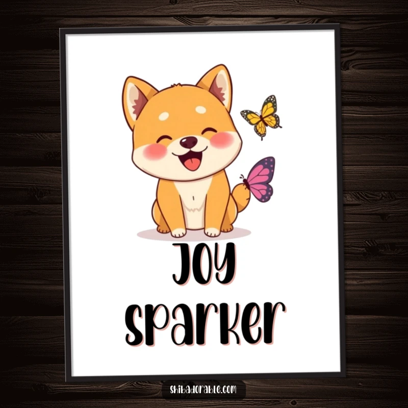Funny Wagging Shiba Inu Butterfly Poster illustrating an overjoyed Shiba Inu dog ecstatically greeting a small, friendly butterfly.