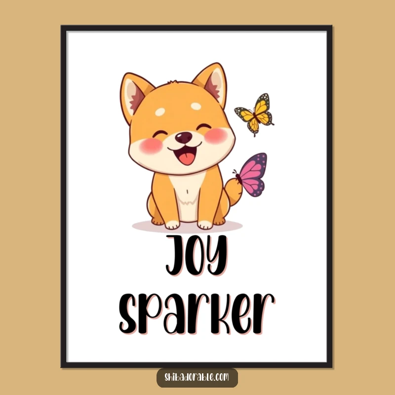 Funny Wagging Shiba Inu Butterfly Poster: Joyful Dog Art for Walls