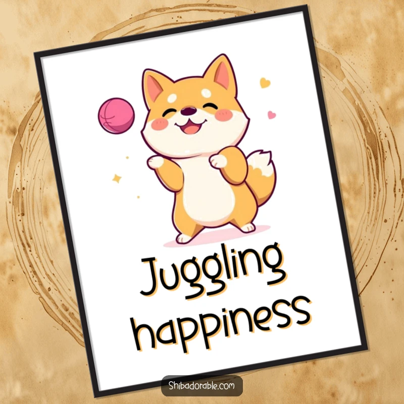 Funny Poster of a happy Shiba Inu dog skillfully juggling a bouncy ball, creating whimsical wall decor.