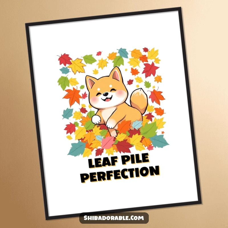 Funny Shiba Inu dog tumbling happily in a pile of vibrant autumn leaves, depicted in a cozy poster for seasonal wall decor.
