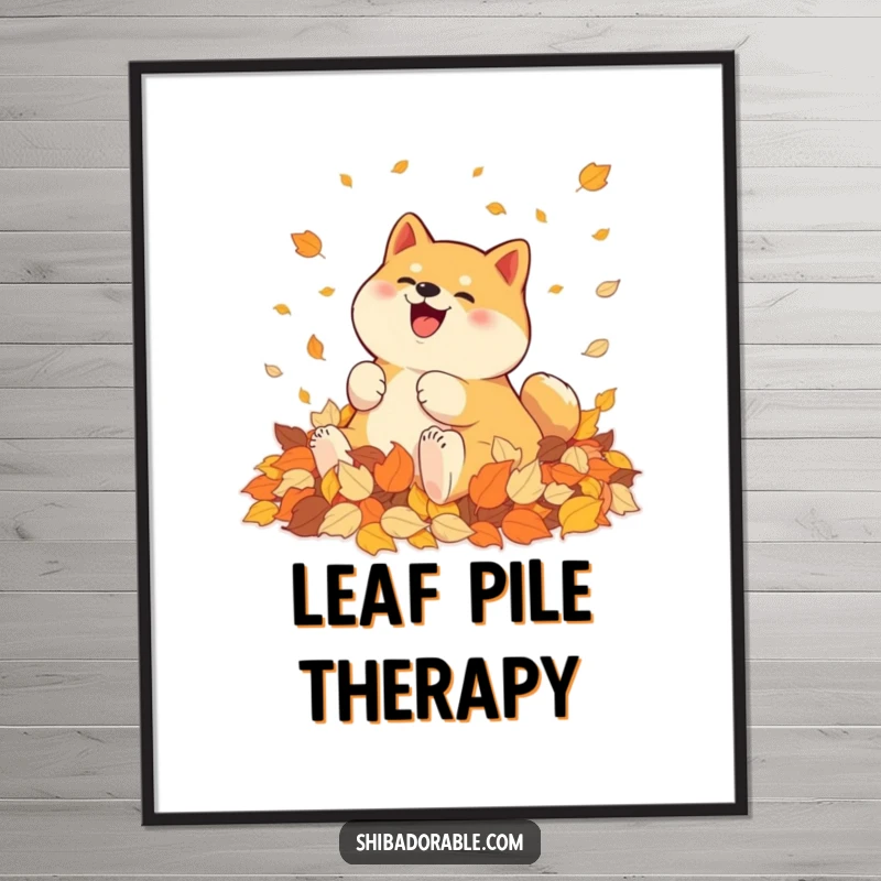 Funny Shiba Inu Poster: A Shiba Inu joyfully rolls in a pile of vibrant autumn leaves, full of seasonal happiness.