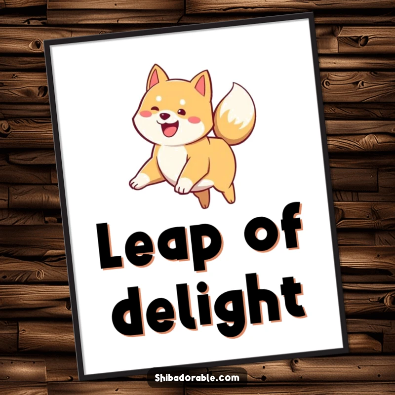 Funny Shiba Inu Poster: A black and tan Shiba Inu puppy leaps high, its tail a blur of excited wagging, full of life.
