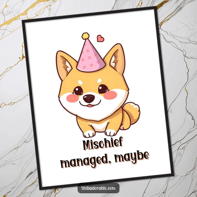 Funny Shiba Inu poster depicting a dog wearing a tiny party hat and looking mischievous, ideal humorous wall art.