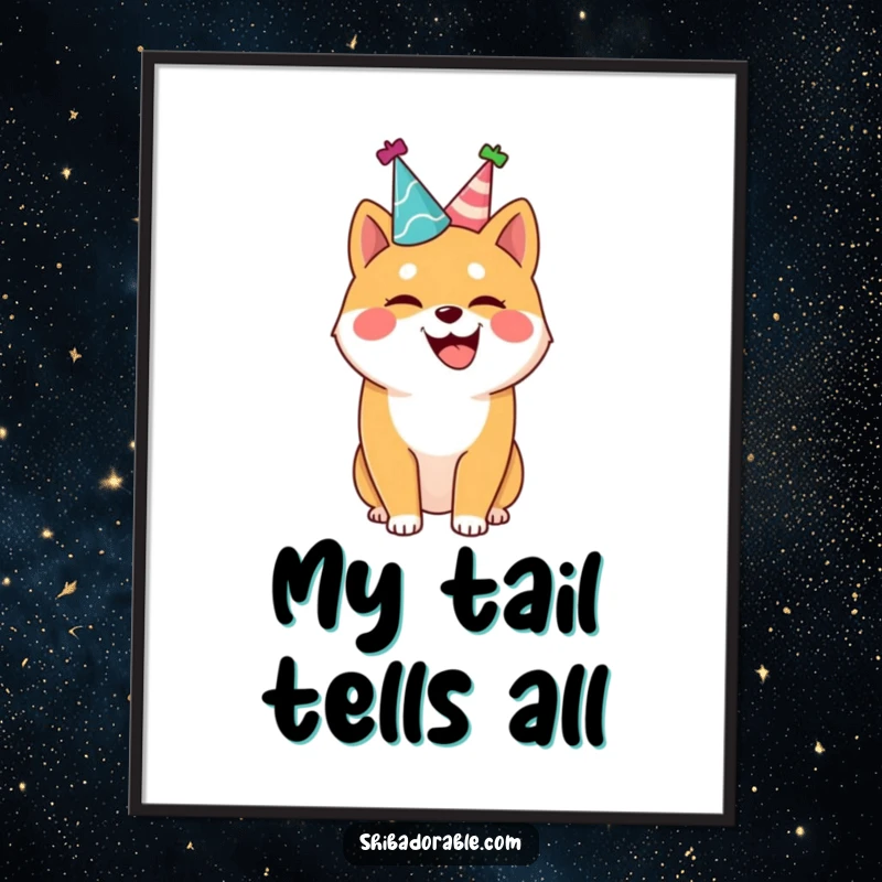 Funny Shiba Inu poster, a joyful dog in a party hat, wagging its tail, creating a festive and humorous atmosphere.